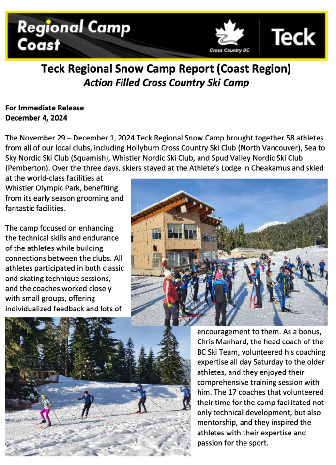 2024 Teck Regional Snow Camp An Action Filled Camp! Cross Country BC